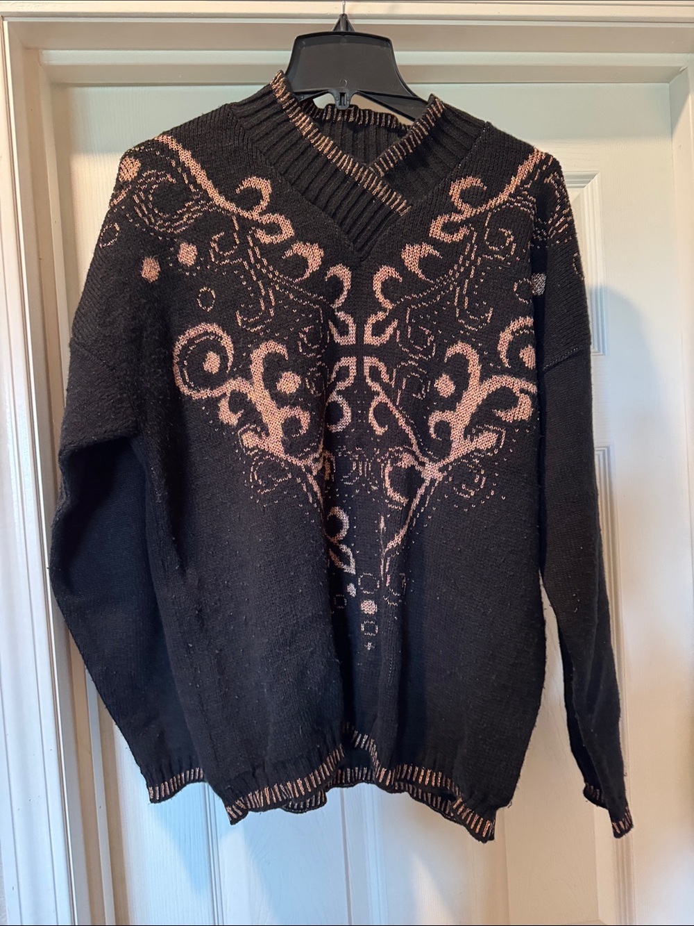 Black Cowl-Neck Sweater with Pink Scroll Motif